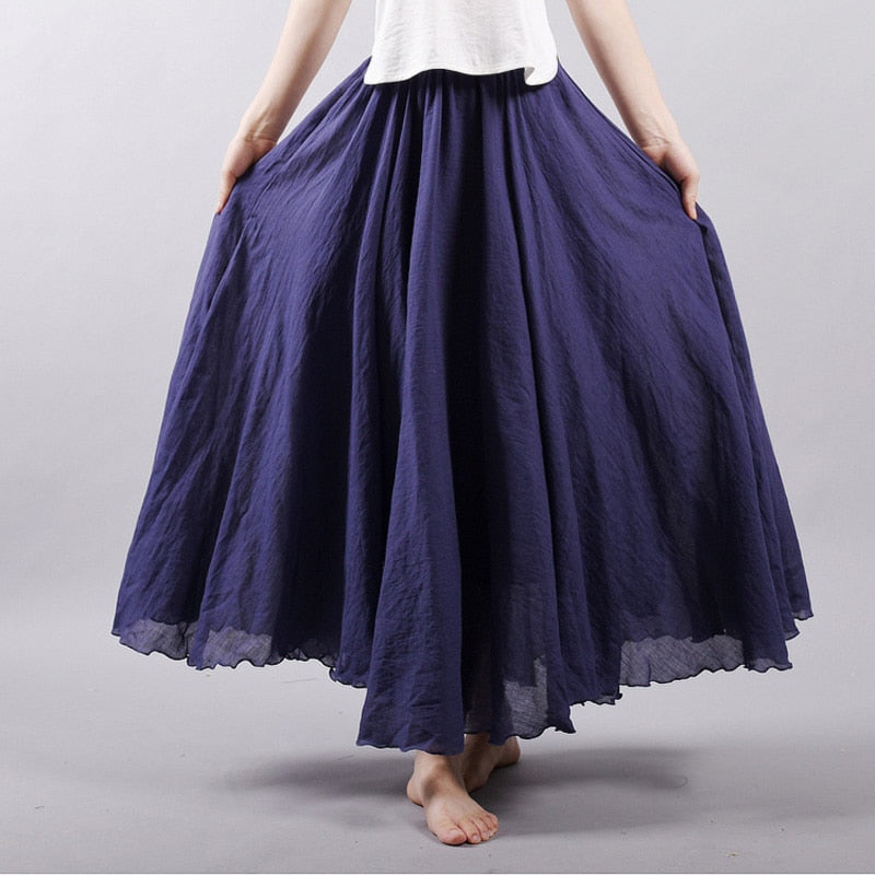 Linen Cotton Long Elastic Waist Pleated Maxi Skirts Vintage