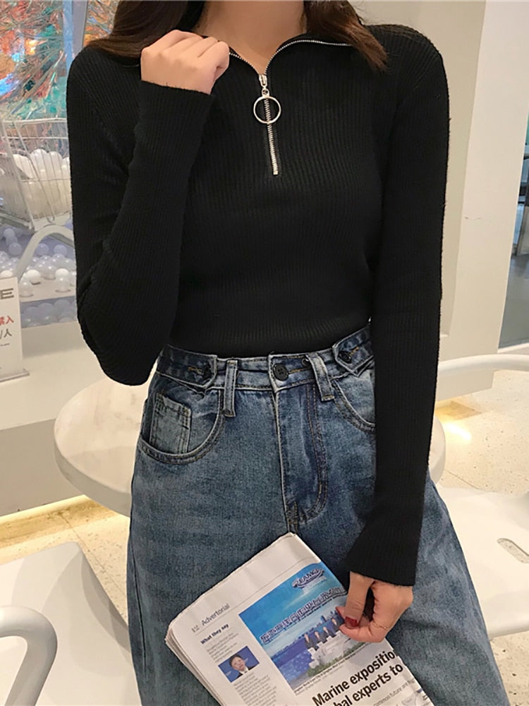 Knitted Zipper Turtleneck Sweater