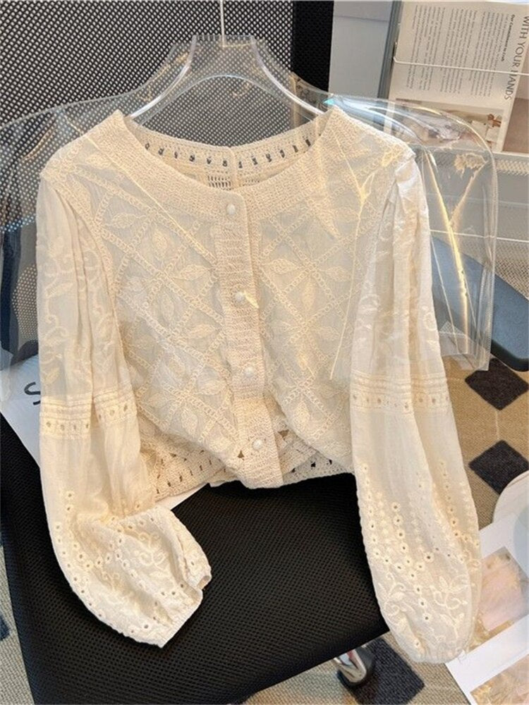 Embroidery Lace Transparent Womens Shirt