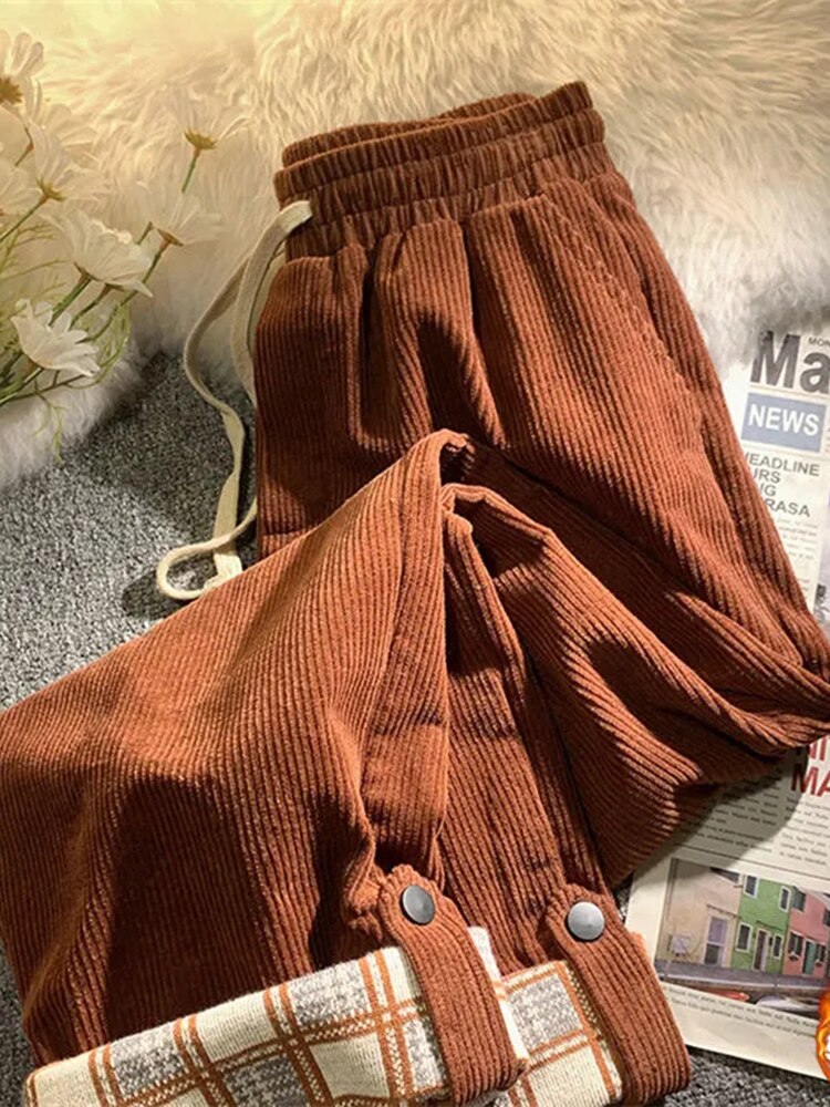 Plaid Hemming Women Corduroy Pants