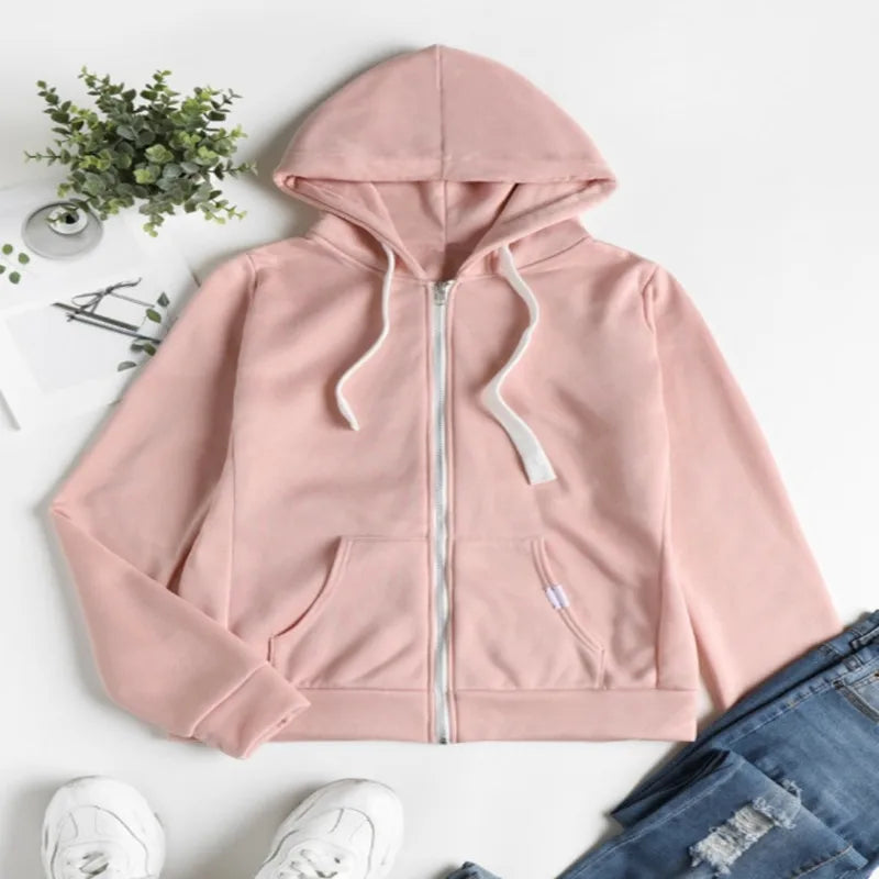 2023 Casual Hoodies Women Autumn Winter Cardigan Solid Color Long Sleeve Hoodie Pockets Zipper Sports Coat Hoodie Women Clothing