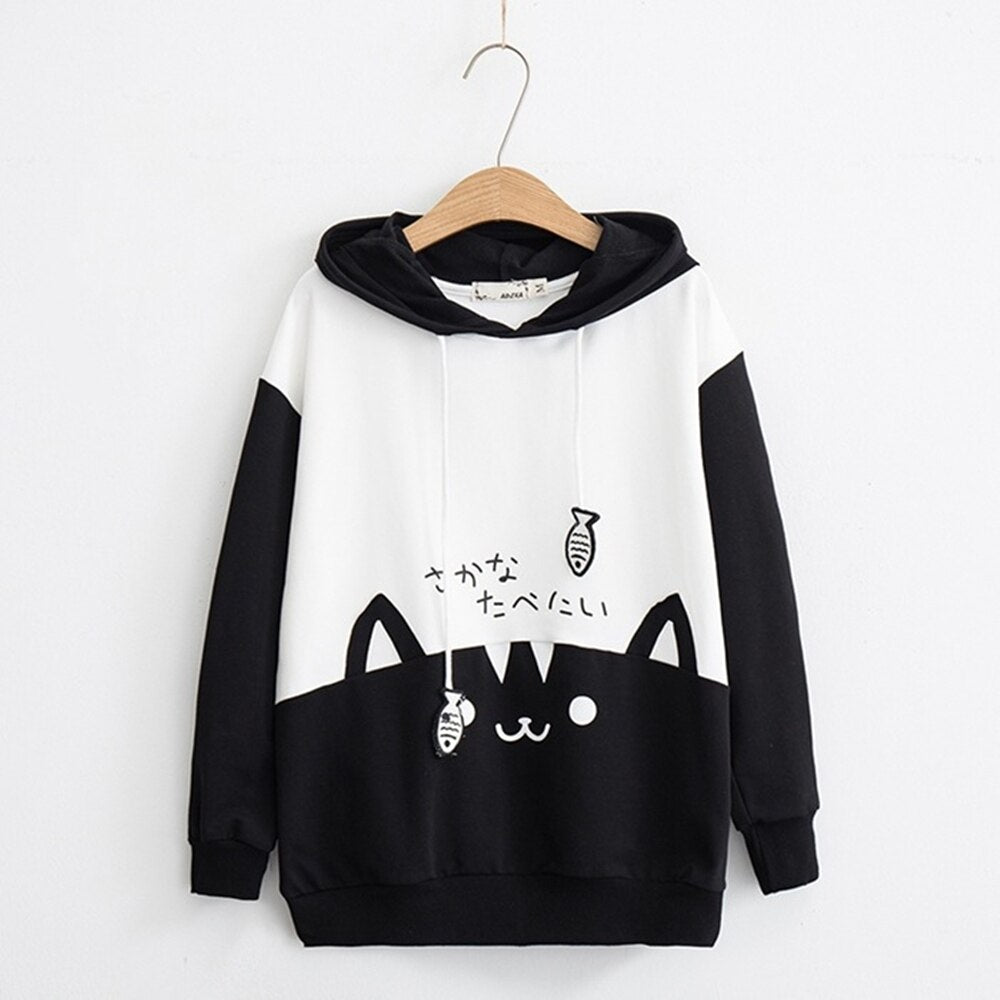 Kitty Cat Print Pocket Thin Hoodie