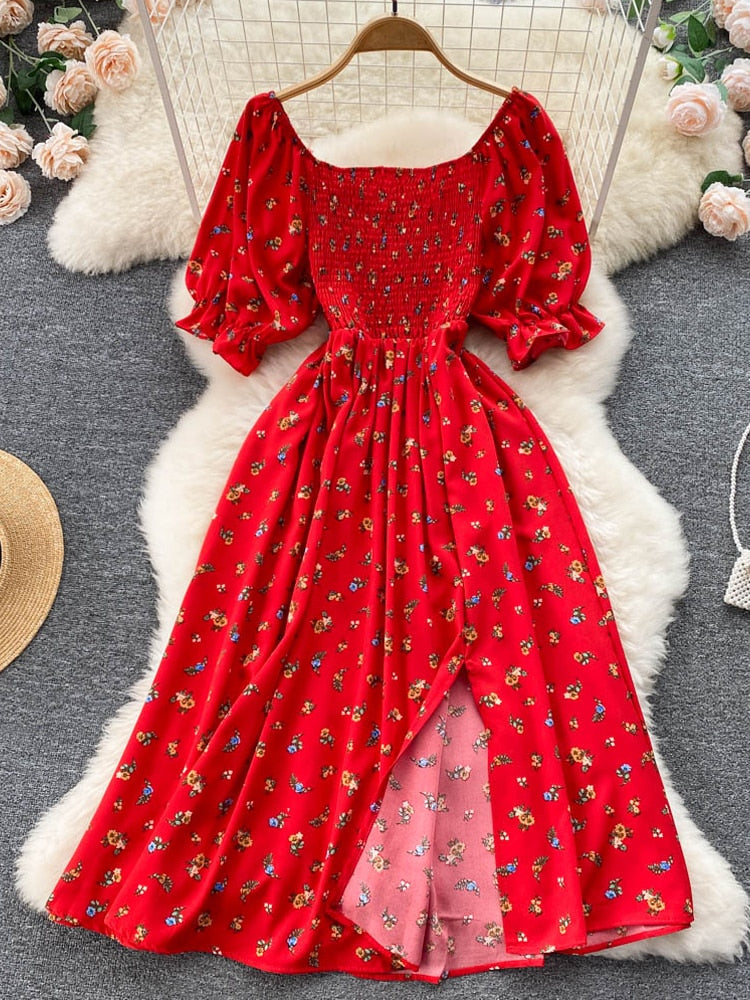 Romantic Floral Print Slit Summer Dress Puff Sleeve