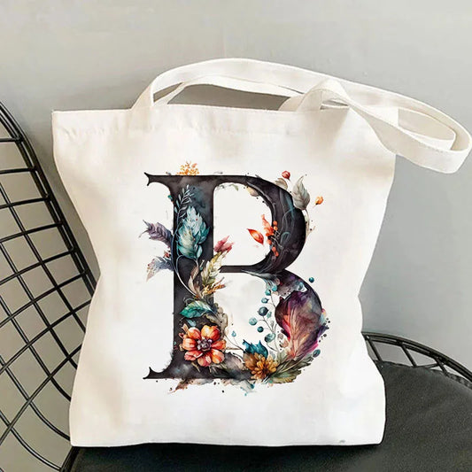 Alphabet Flower Canvas Tote Bags
