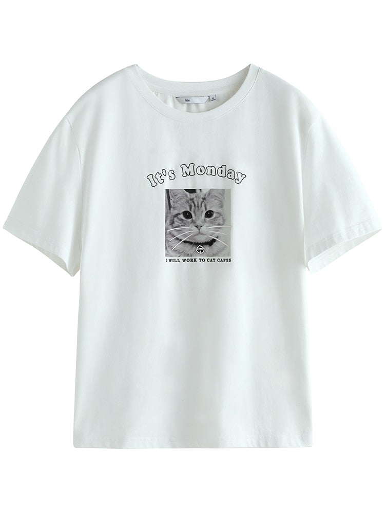Cute Cat Print Design Simple Short-sleeved T-shirt