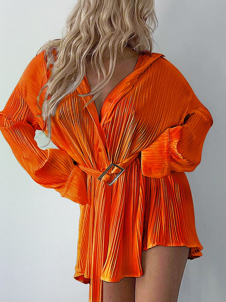 Pleated Long Sleeve Shirt Dress