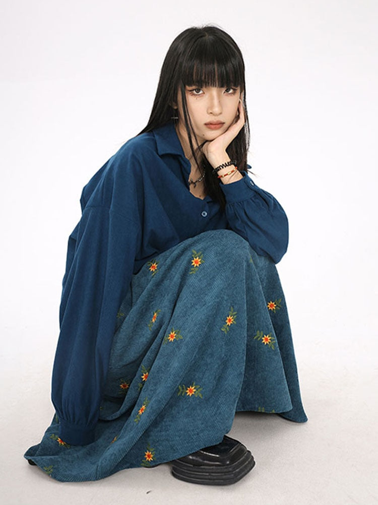 High Waist Corduroy Embroidery Long Retro Skirt