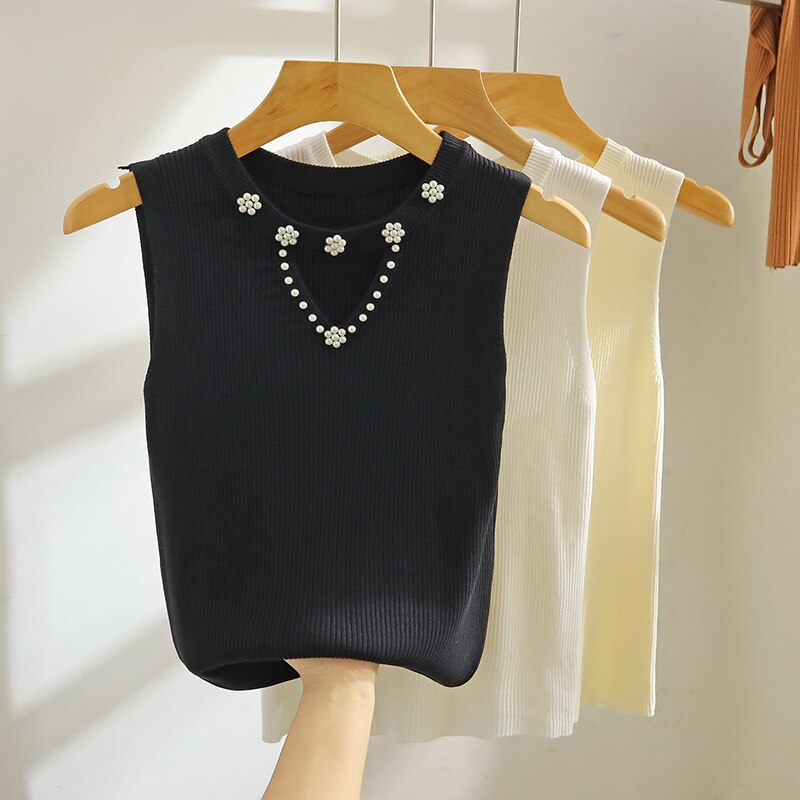 Sleeveless White Knit Tank Top