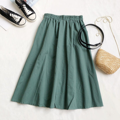 Cotton Button Pocket Mid-length Skirt