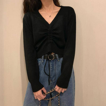 Spring Fall Lace-up Chic V-neck solid Ladies Knitwear