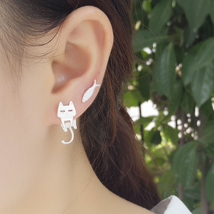 925 Sterling Silver Cat&Fish Earrings (Hypoallergenic)