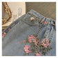 Vintage Flowers Print Long Denim Skirt High Waist