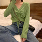 Spring Fall Lace-up Chic V-neck solid Ladies Knitwear