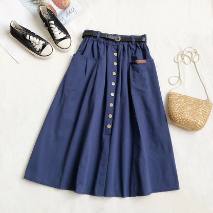 Cotton Button Pocket Mid-length Skirt