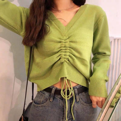 Spring Fall Lace-up Chic V-neck solid Ladies Knitwear