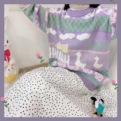 Purple Flowers Design Vintage College Girl Knitwear