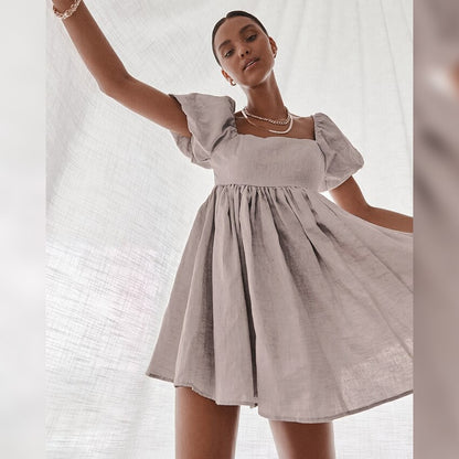 Square Collar Cotton Linen Women Dresses