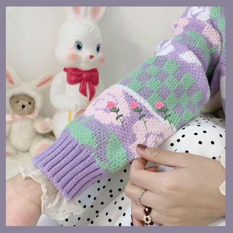 Purple Flowers Design Vintage College Girl Knitwear
