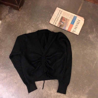 Spring Fall Lace-up Chic V-neck solid Ladies Knitwear