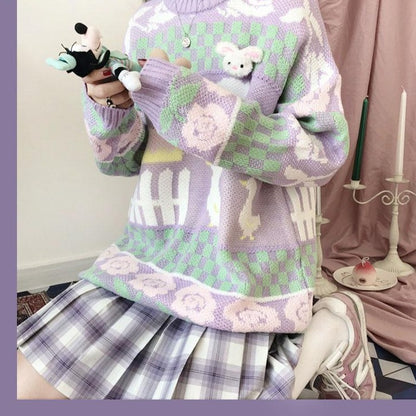 Purple Flowers Design Vintage College Girl Knitwear