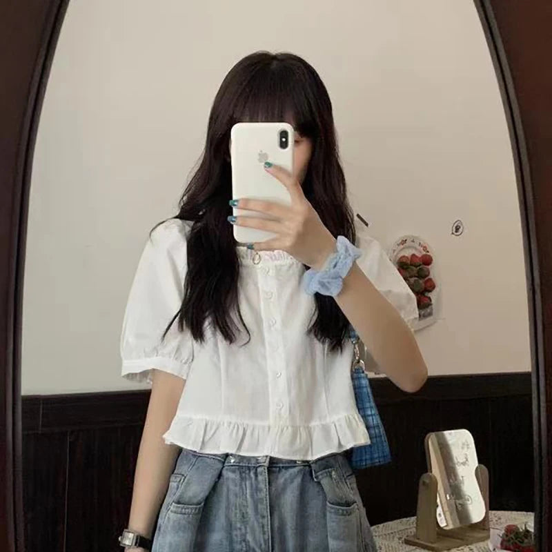 Puff Sleeve Button-Up Crop