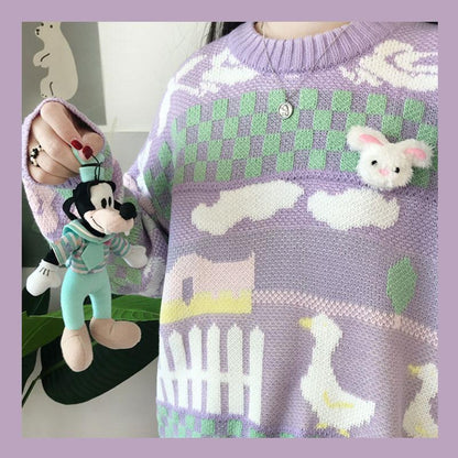 Purple Flowers Design Vintage College Girl Knitwear