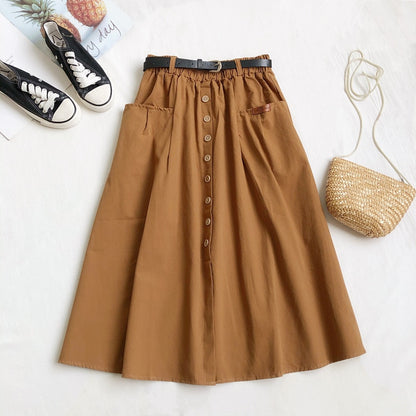 Cotton Button Pocket Mid-length Skirt
