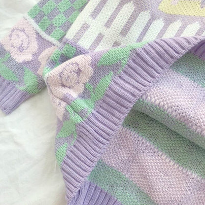 Purple Flowers Design Vintage College Girl Knitwear