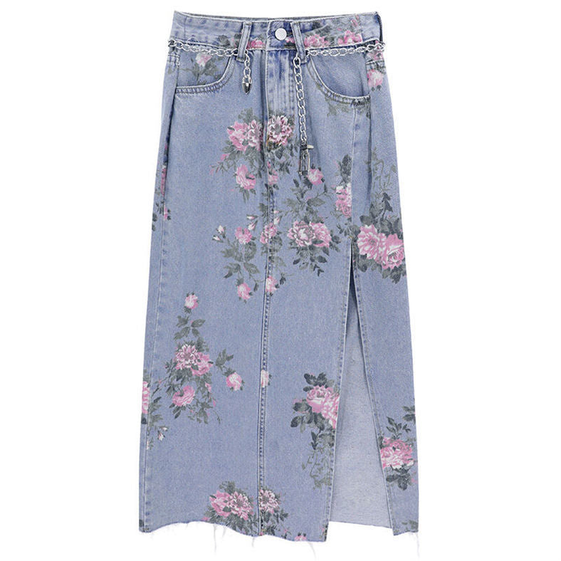 Vintage Flowers Print Long Denim Skirt High Waist