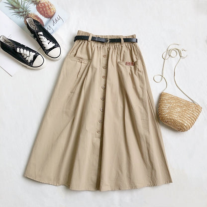 Cotton Button Pocket Mid-length Skirt