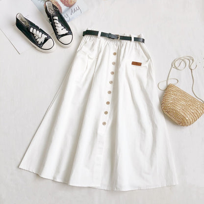 Cotton Button Pocket Mid-length Skirt