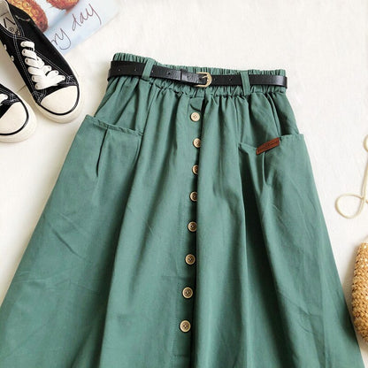 Cotton Button Pocket Mid-length Skirt
