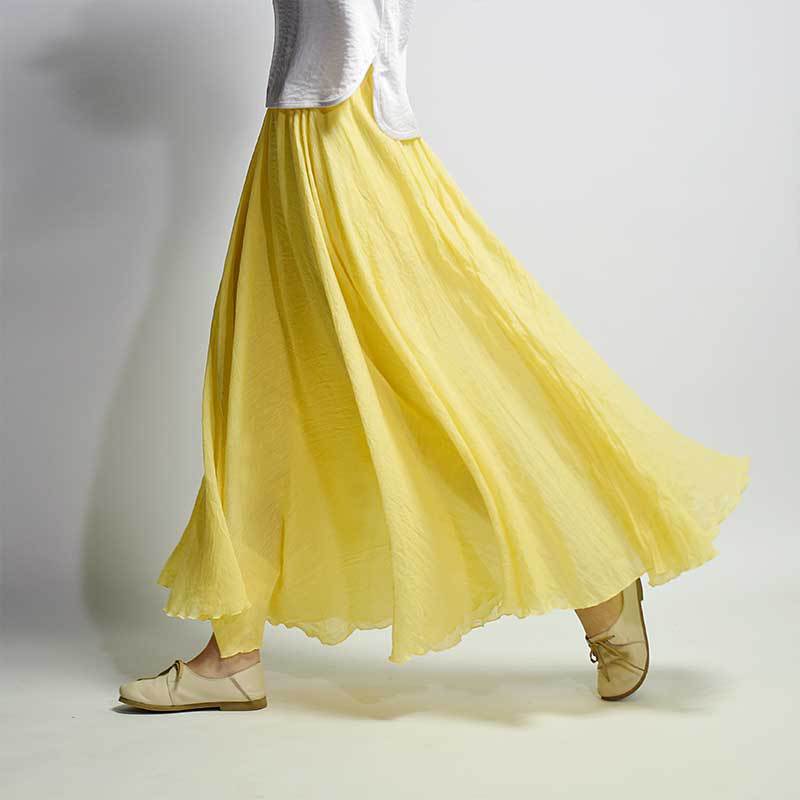 Linen Cotton Long Elastic Waist Pleated Maxi Skirts Vintage