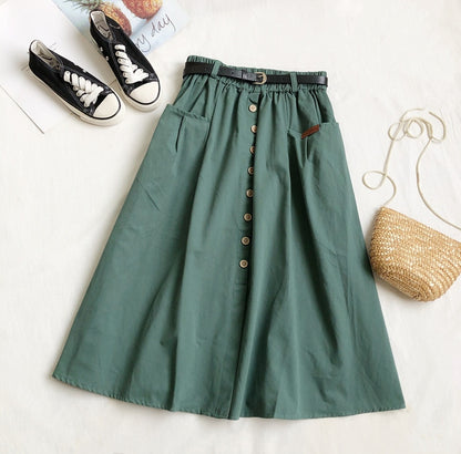 Cotton Button Pocket Mid-length Skirt