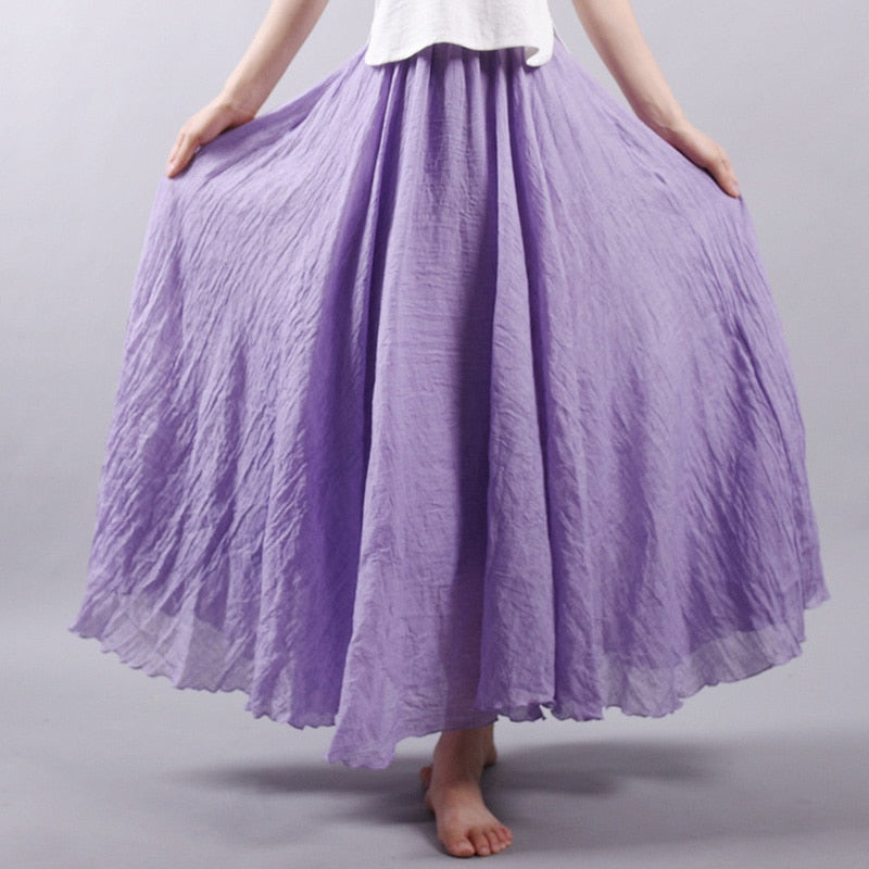 Linen Cotton Long Elastic Waist Pleated Maxi Skirts Vintage