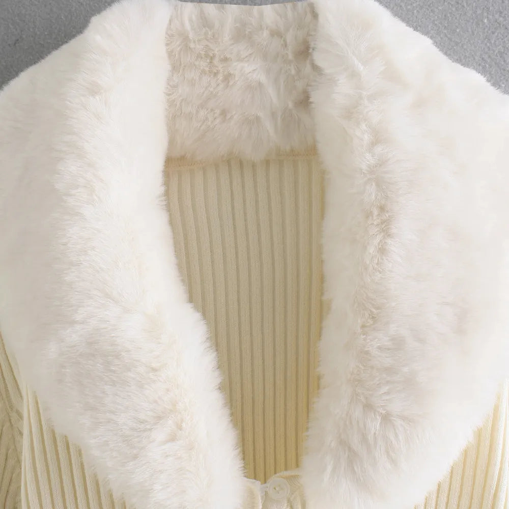 Faux Fur Collar Knit  Cropped Jacket