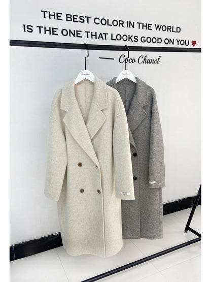 Double-breasted silk Rabbit Woolen Long Overcoat