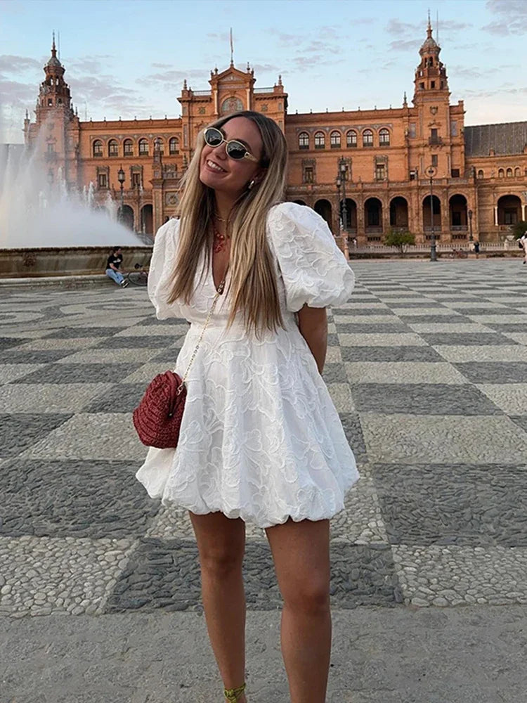 Chic Embroidered Puff Sleeves Dress