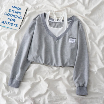 Fake Two Pieces Strapless Crop Sweatshirt