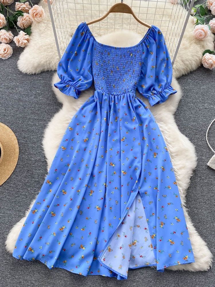 Romantic Floral Print Slit Summer Dress Puff Sleeve