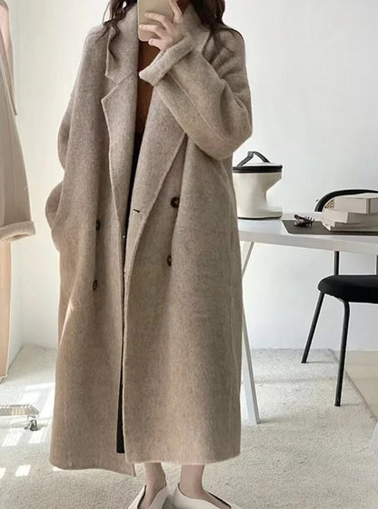 Double-breasted silk Rabbit Woolen Long Overcoat