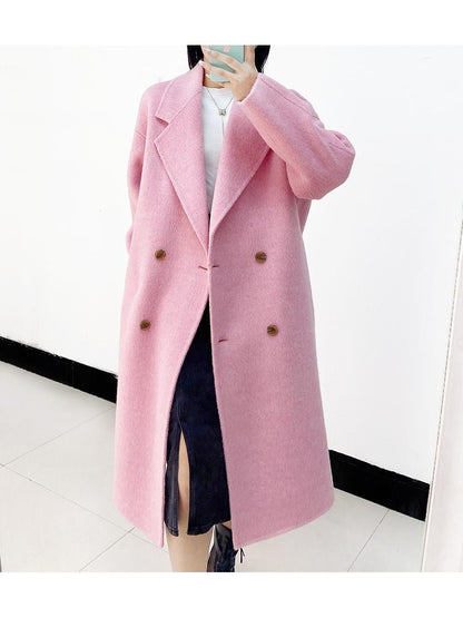 Double-breasted silk Rabbit Woolen Long Overcoat