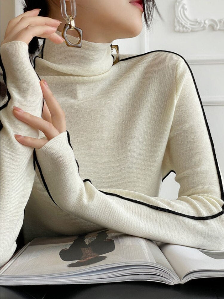 Korean Style Autumn Striped Warm All-match Silm Turtleneck Sweater