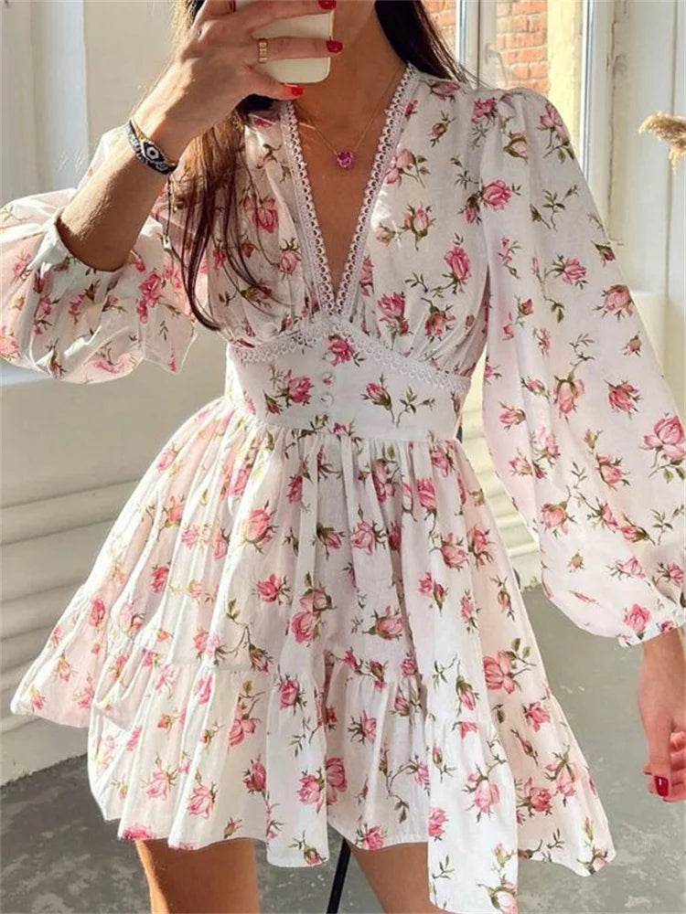 Lantern Sleeve Elegant Floral Print Mini Dress