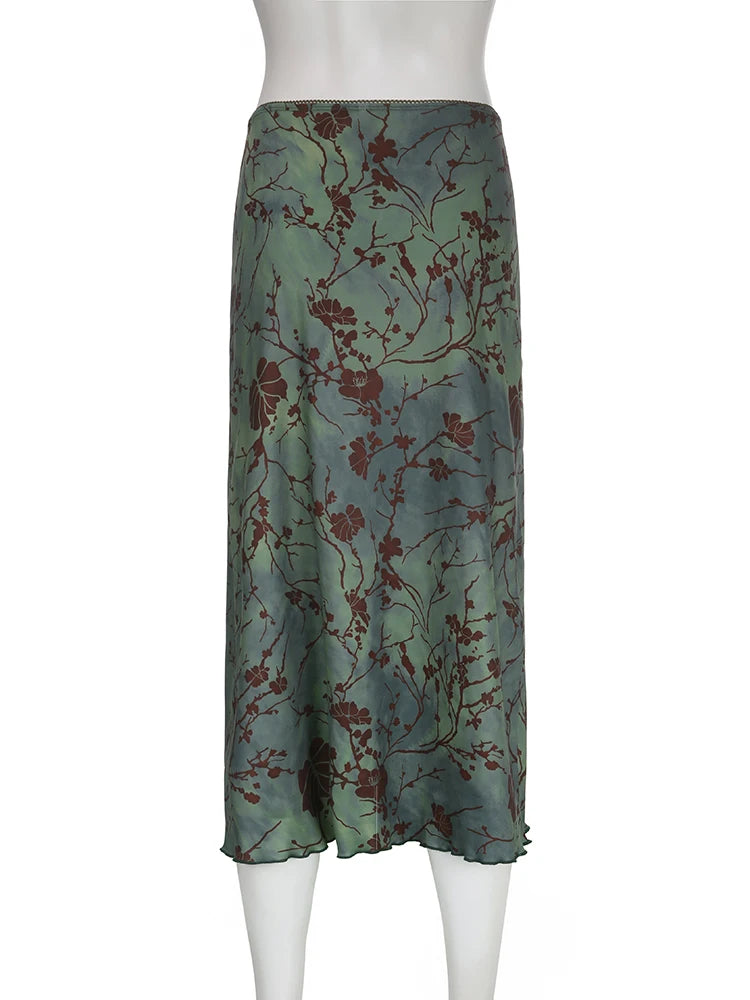 Vintage Long Skirt Green Floral Print Skirt