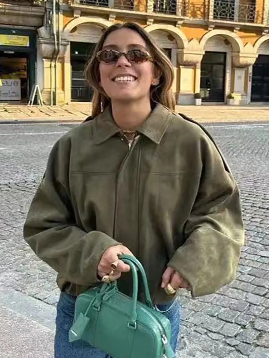 Vintage women's green oversized bomber jackets, elegant, loose and soft garments for fashion-loving ladies, stylish women's wear for parties