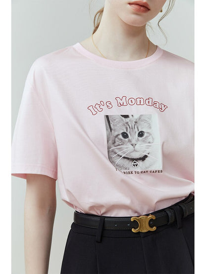 Cute Cat Print Design Simple Short-sleeved T-shirt