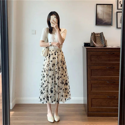 Mesh Floral Skirt Long Gauze Skirt High Waisted Mujer Printing