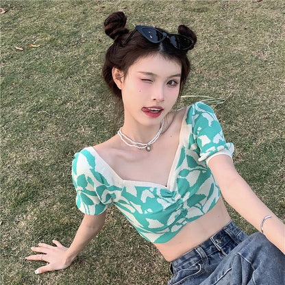 Puff SleeveV-neck Summer Basics T-shirt