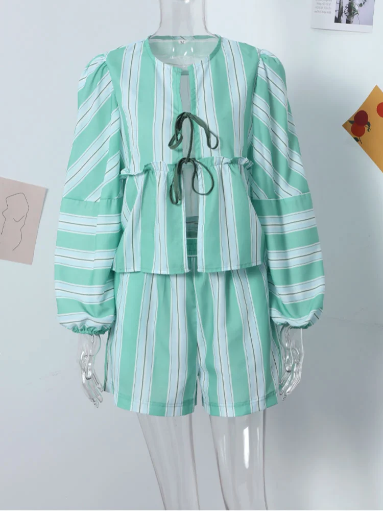 Lantern Sleeve Stripe Shirt Shorts Sets